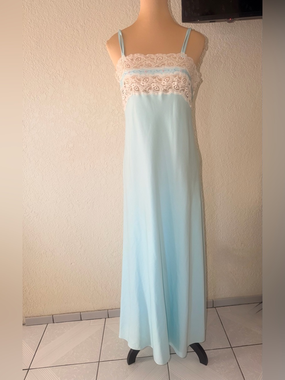 Vintage 1960s Eve Stillman Light Blue Lace-Trim Slip Dress & Robe